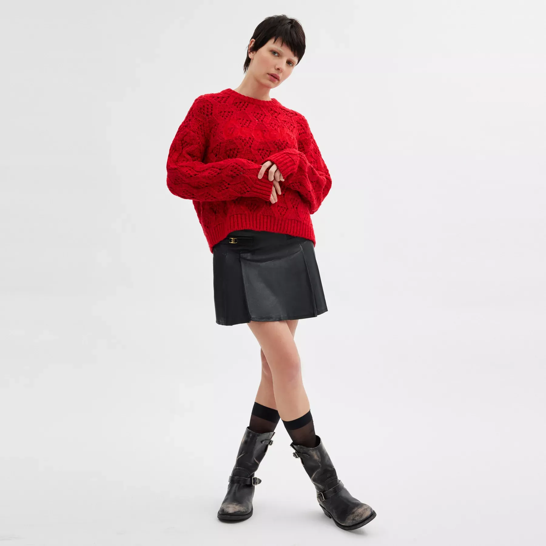 Cable Knit Cursive Signature Cropped Sweater Red