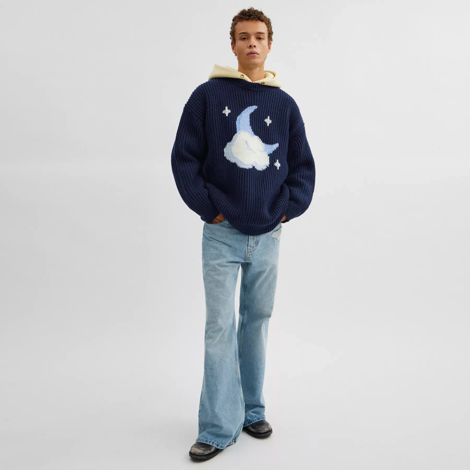 Chunky Graphic Sweater In Recycled Wool Navy Blue