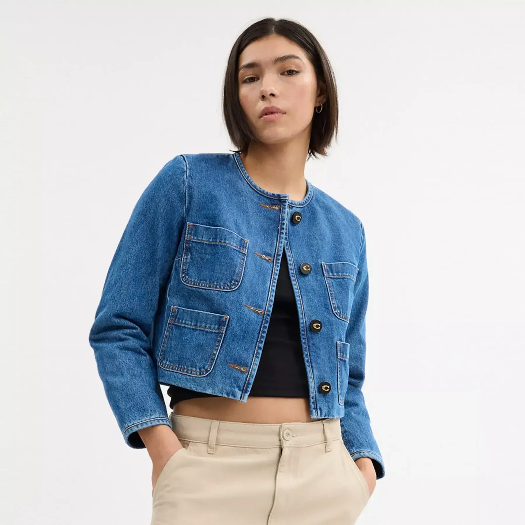 Collarless Denim Jacket In Organic Cotton Medium Blue