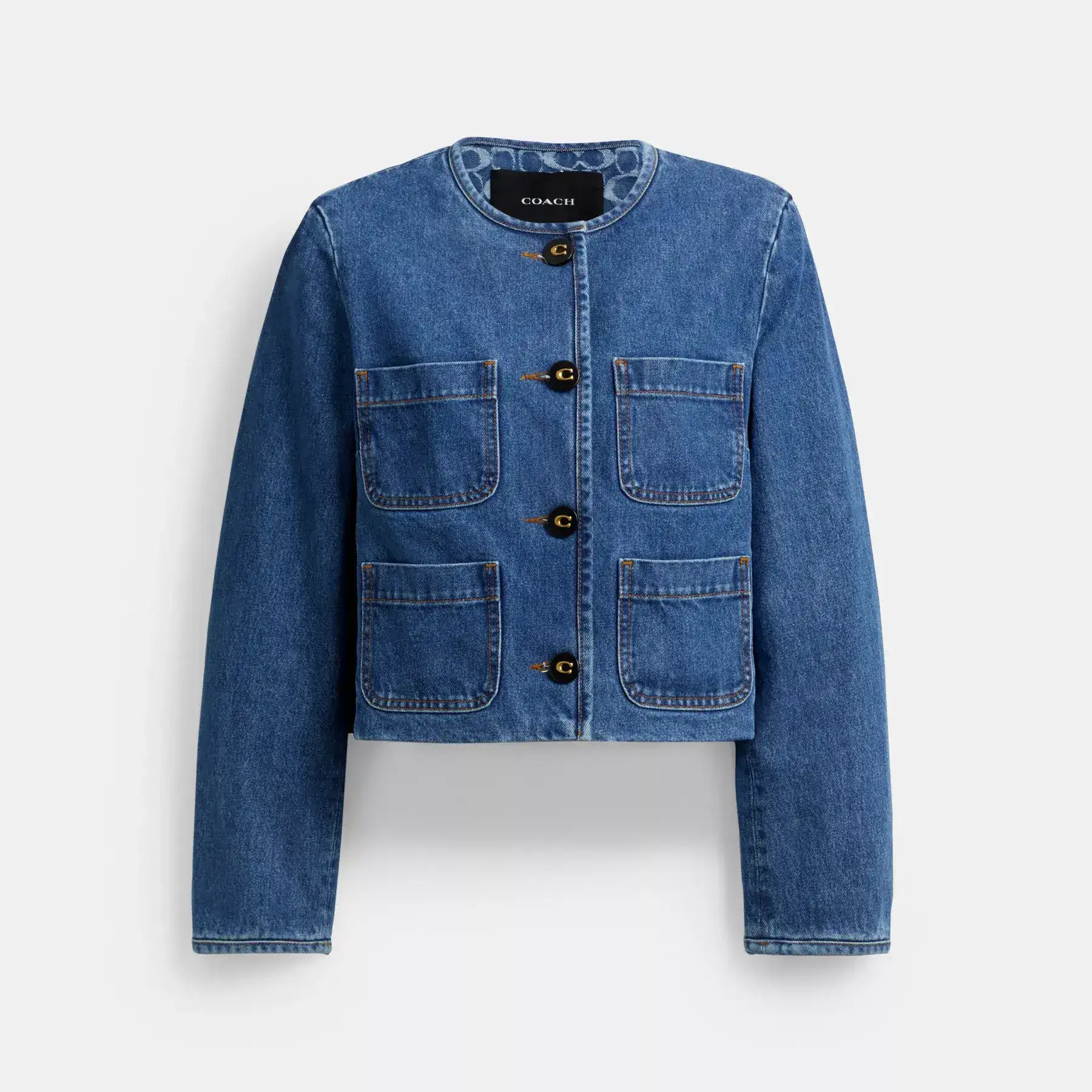 Collarless Denim Jacket In Organic Cotton Medium Blue