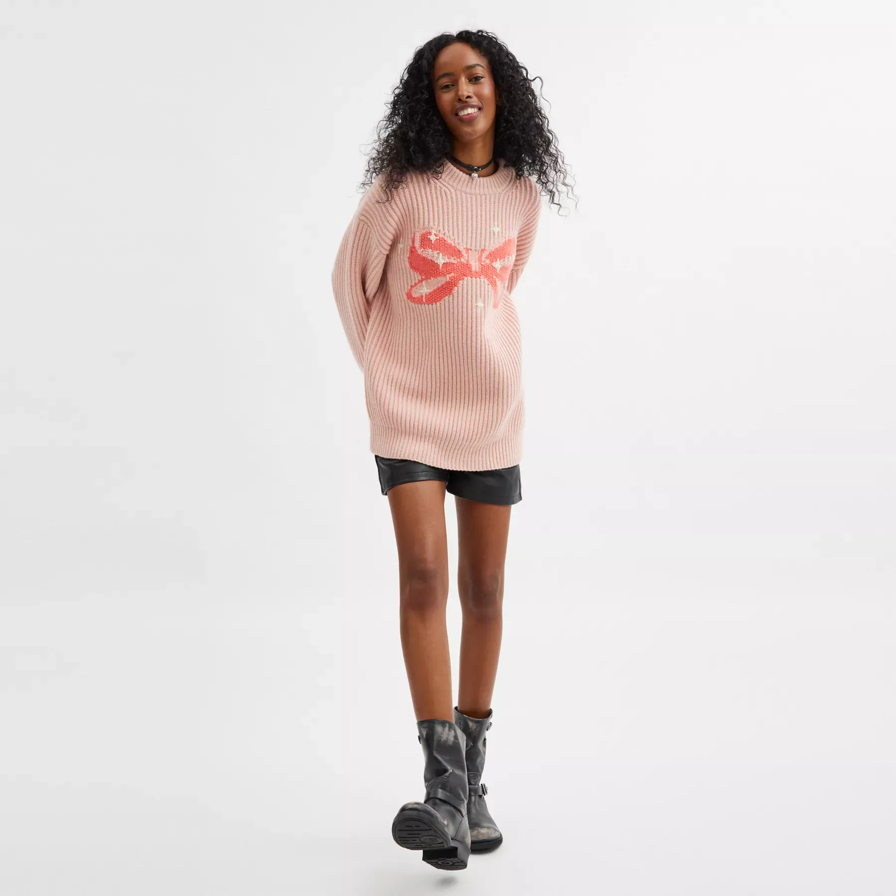 Crewneck Bow Sweater In Recycled Wool Pink