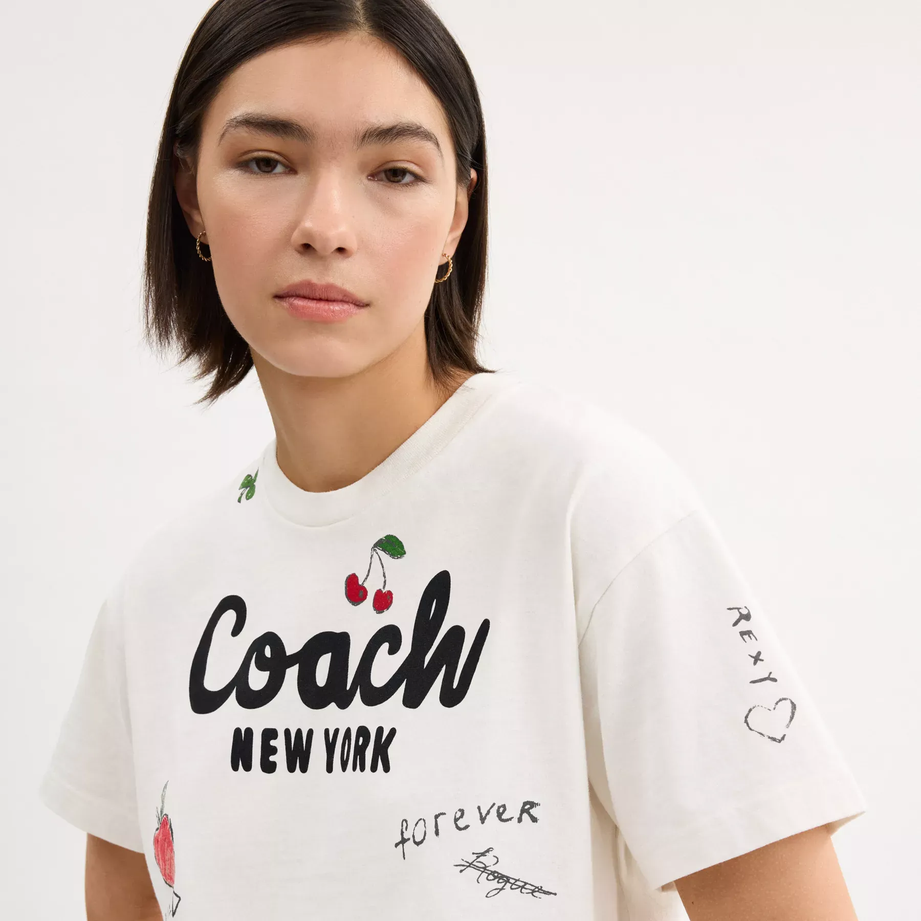 Cursive Coach Cropped Sketch Print T-Shirt White Multi