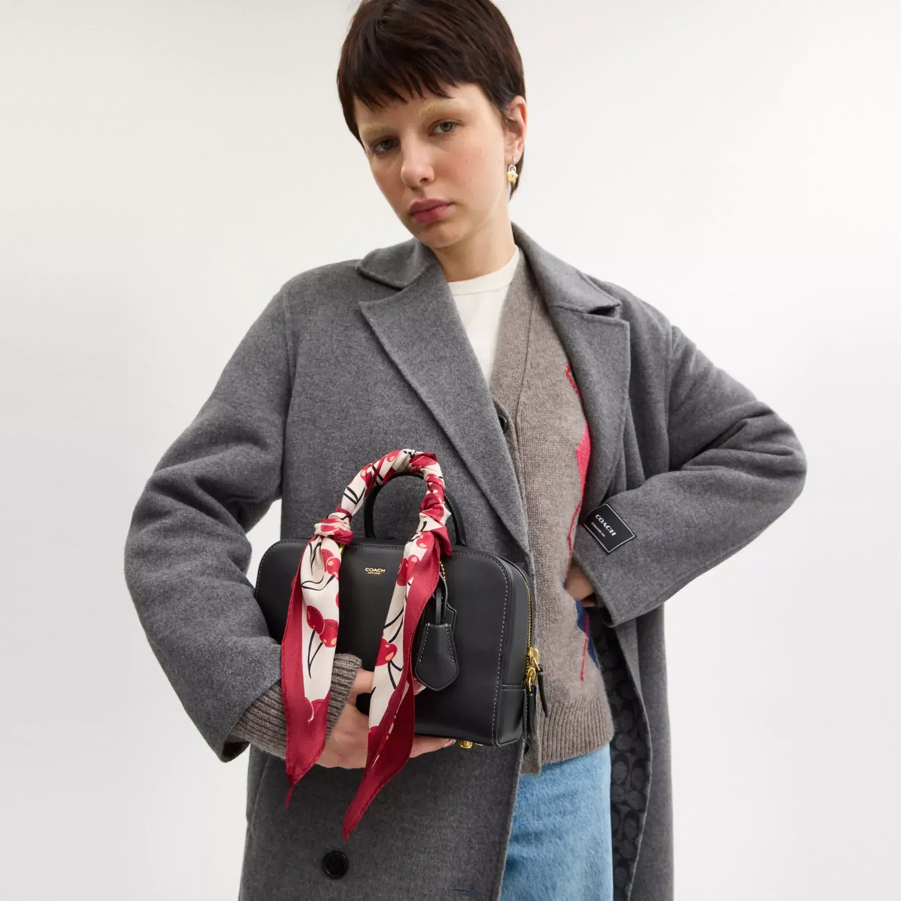 Cursive Coach Script Cherry Swirl Print Silk Diamond Scarf Chalk/Red