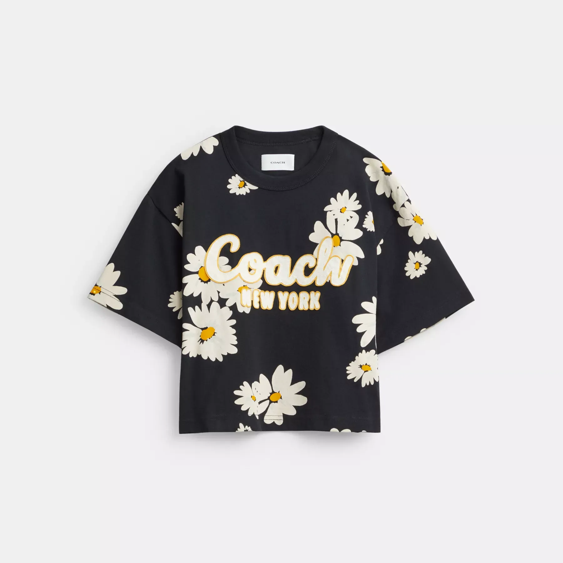 Floral Cropped Signature Script T-Shirt In Organic Cotton Black Multi Floral Cropped Signature Script T-Shirt In Organic Cotton Black Multi