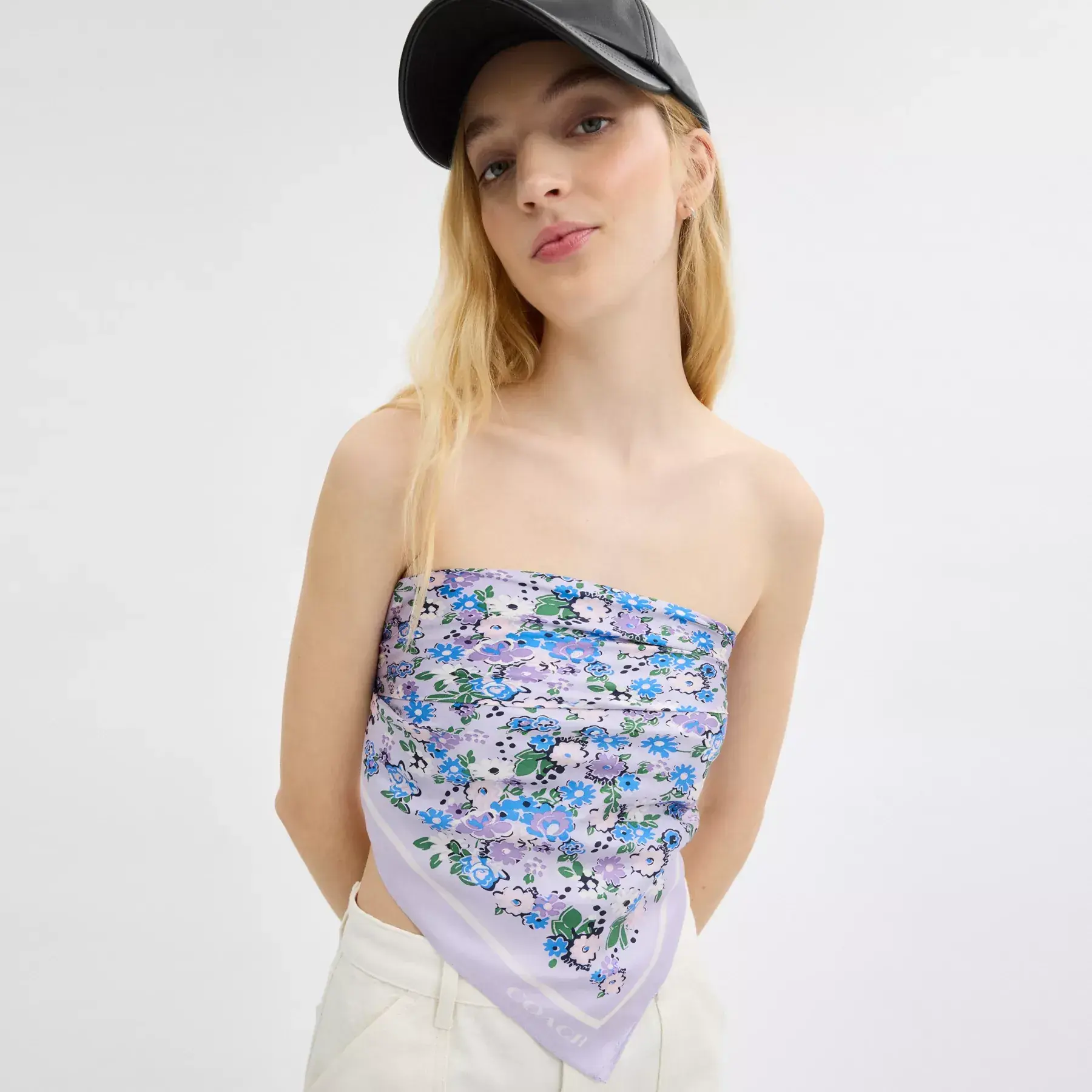 Floral Print Silk Square Scarf Soft Purple