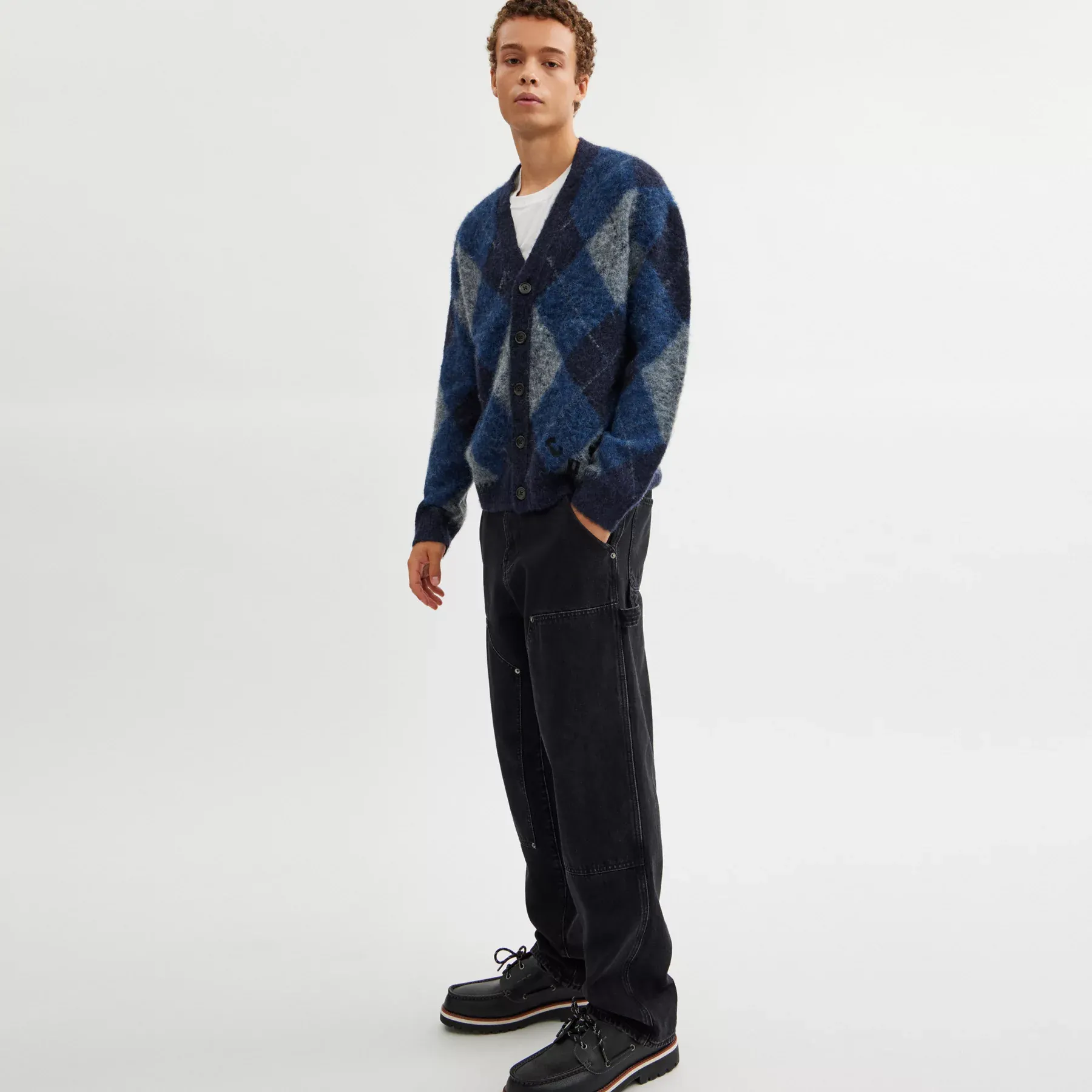 Fuzzy Argyle Cardigan Navy Multi