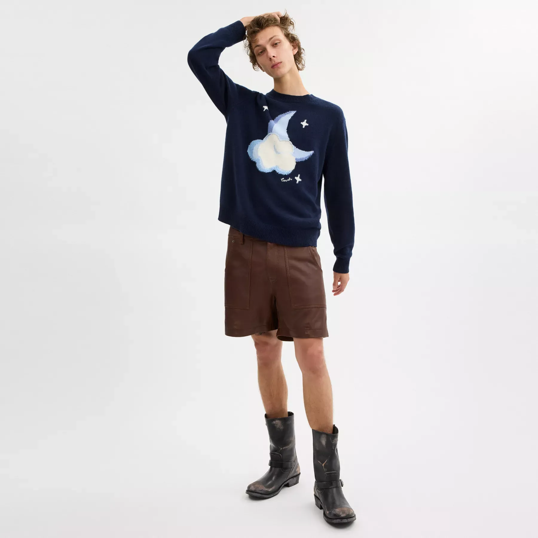 Graphic Intarsia Crewneck Sweater Navy Blue