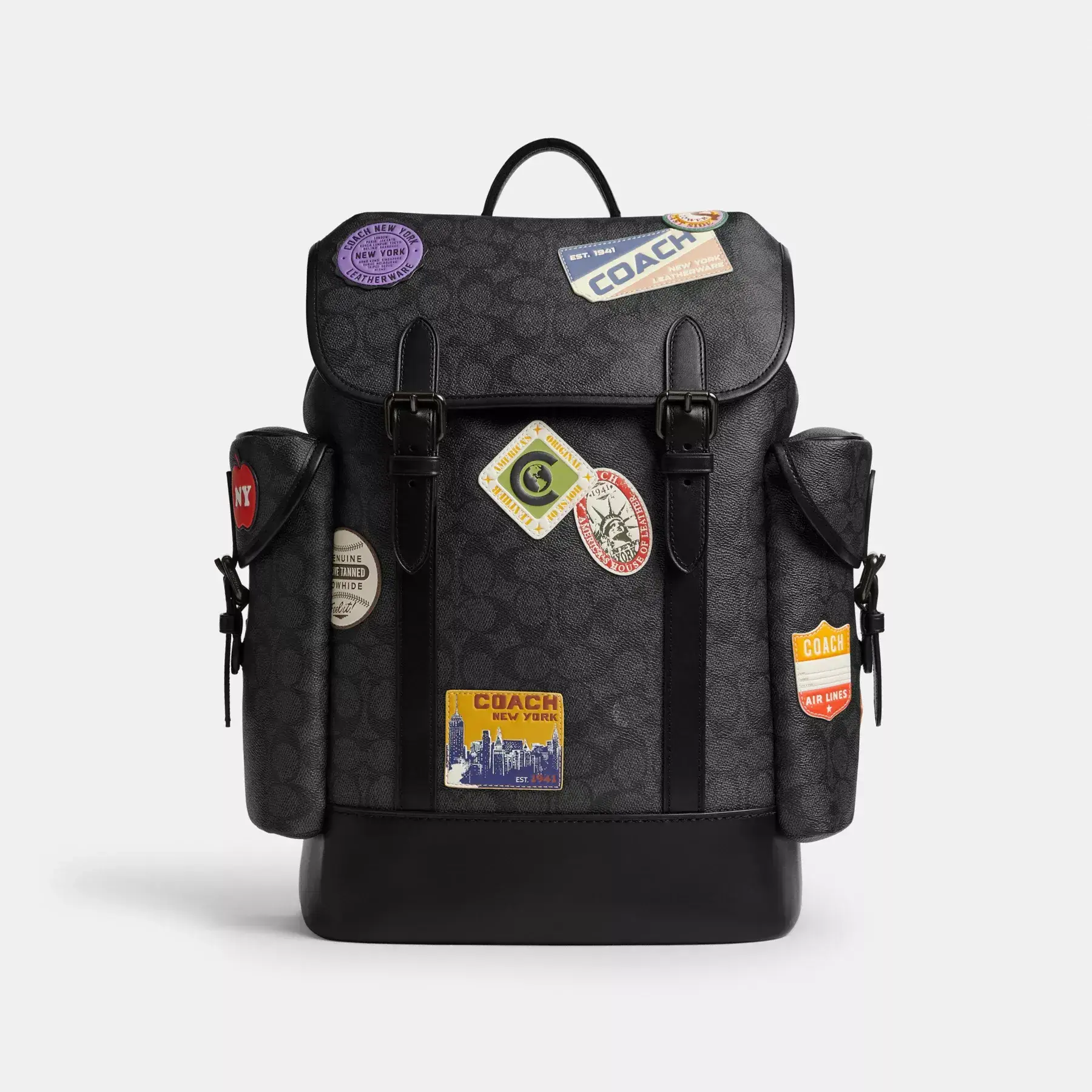 Hitch Backpack In Signature Canvas With Patches Charcoal Multi