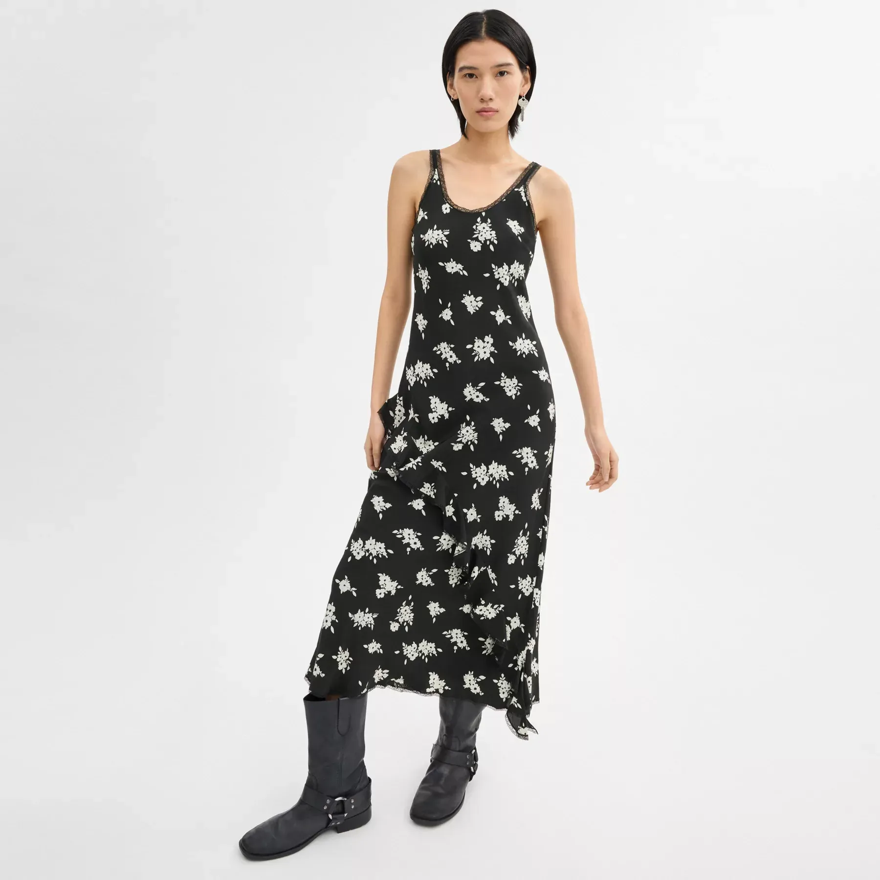 Long Floral Ruffle Dress Black/White Multi