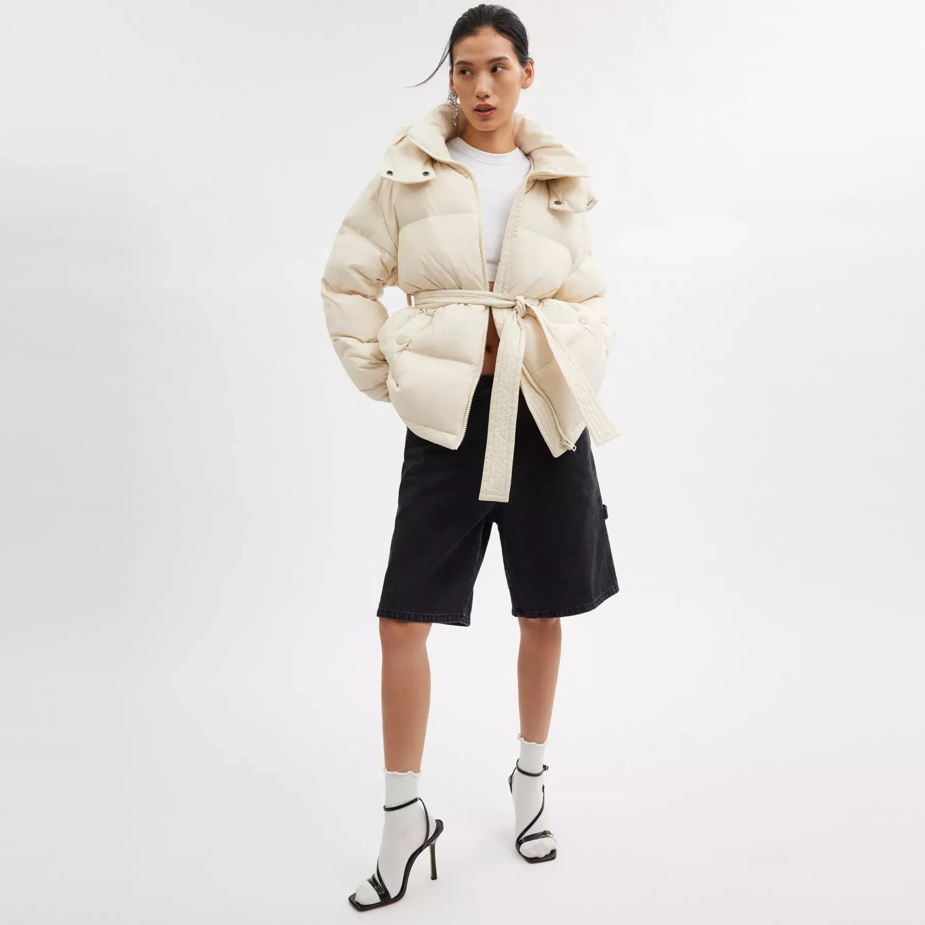 Mid Length Belted Down Jacket In Recycled Polyamide Cream