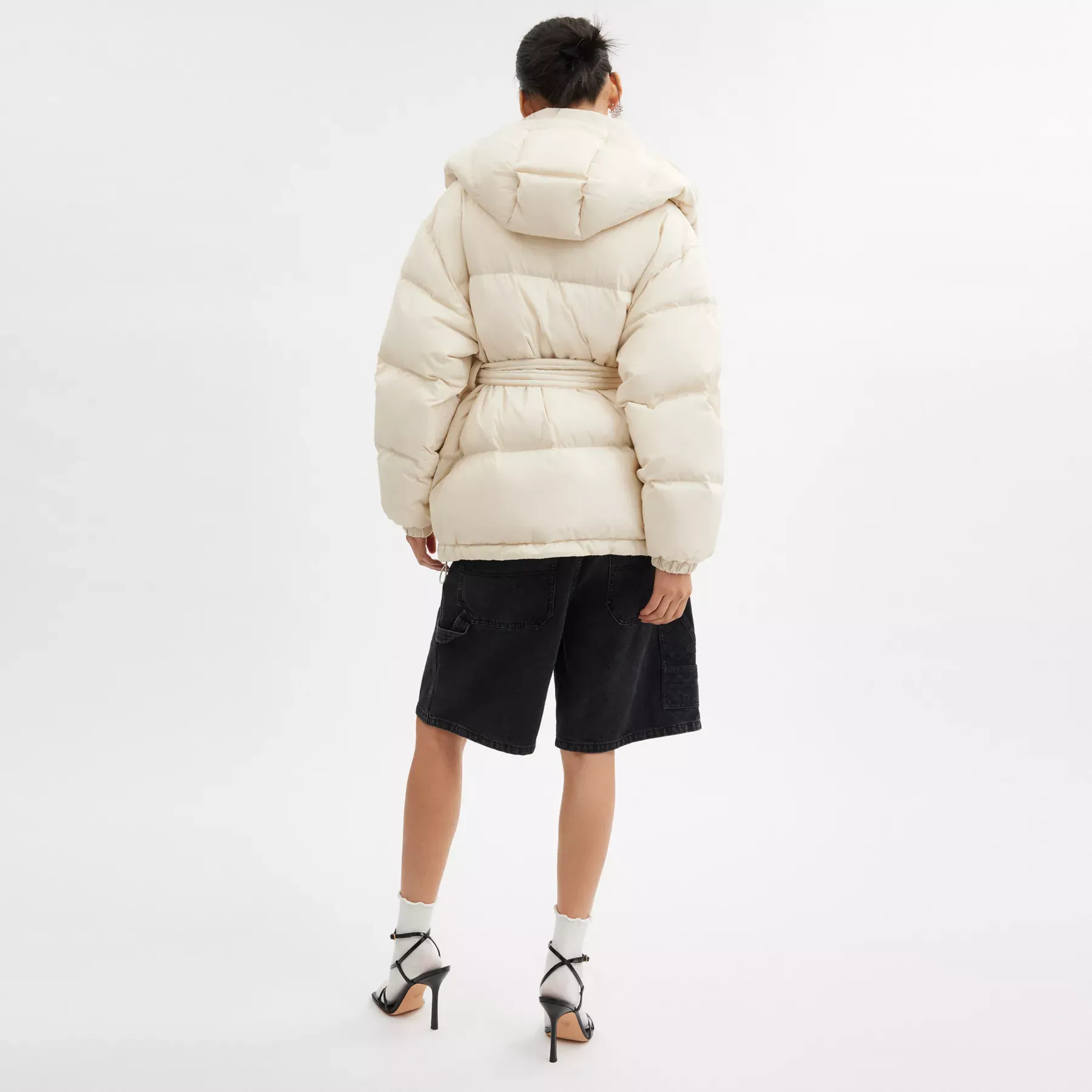 Mid Length Belted Down Jacket In Recycled Polyamide Cream Mid Length Belted Down Jacket In Recycled Polyamide Cream
