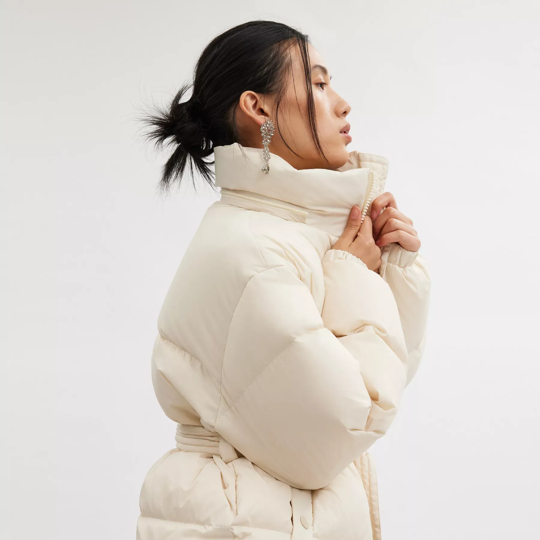 Mid Length Belted Down Jacket In Recycled Polyamide Cream Mid Length Belted Down Jacket In Recycled Polyamide Cream