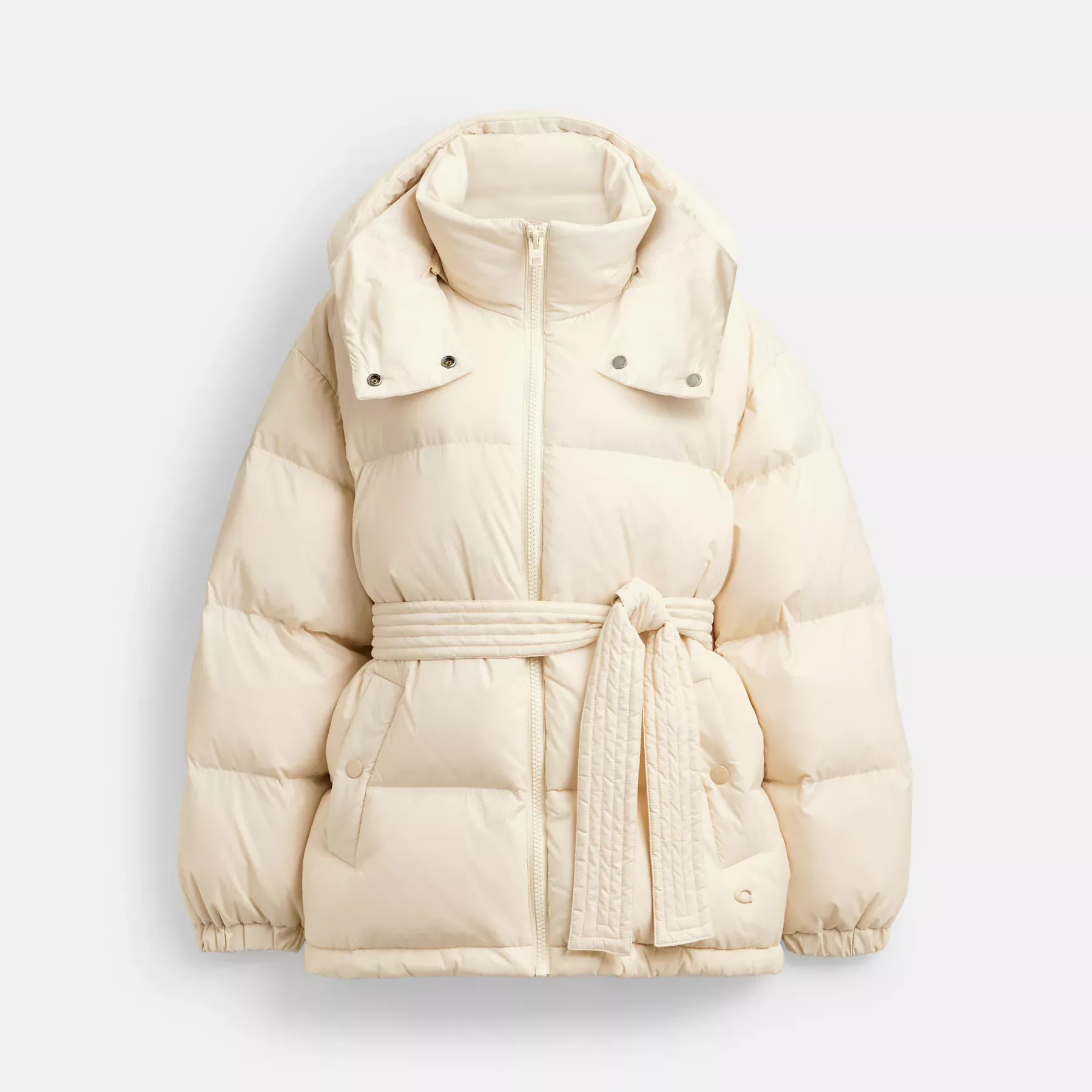 Mid Length Belted Down Jacket In Recycled Polyamide Cream