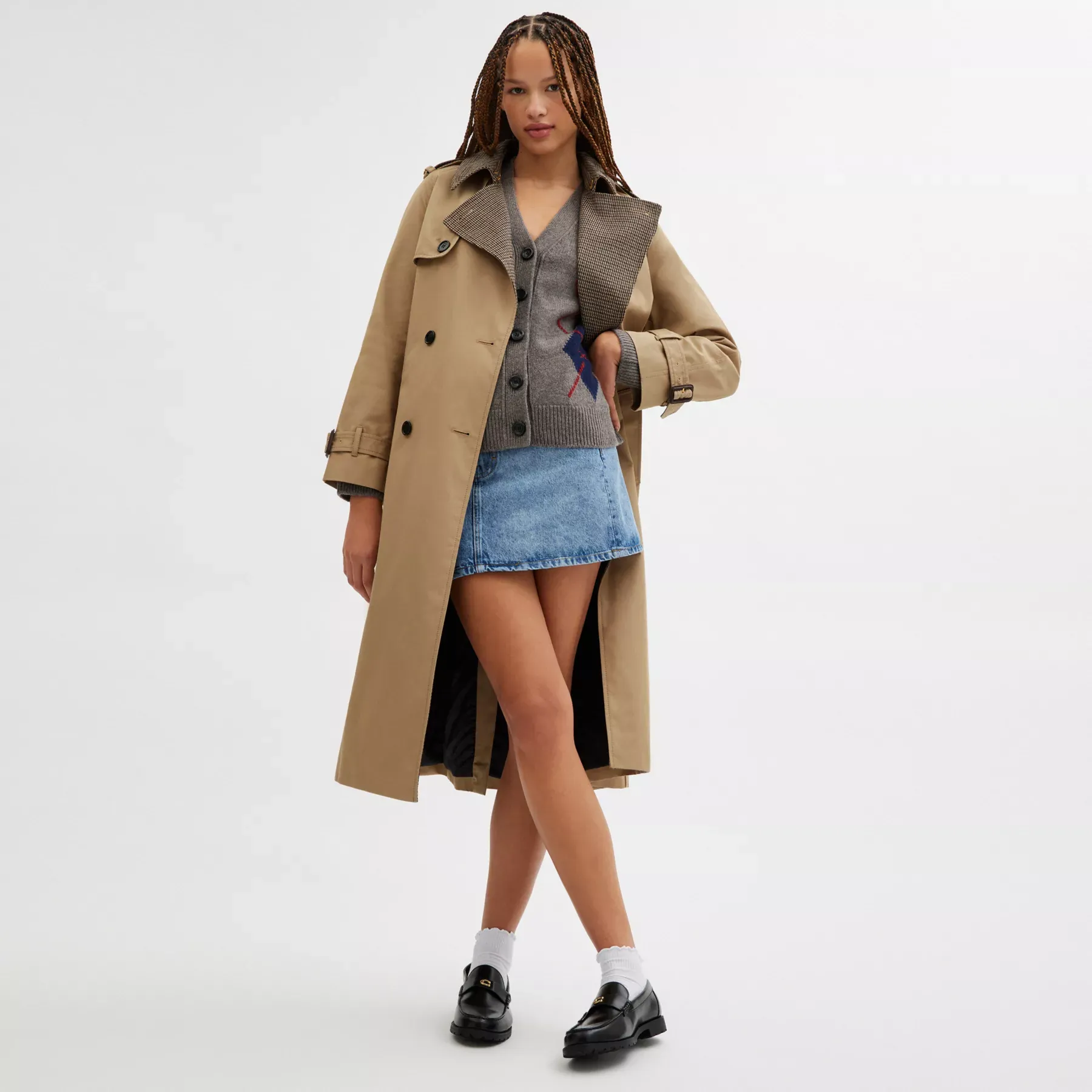 Mixed Material Trench Coat Khaki