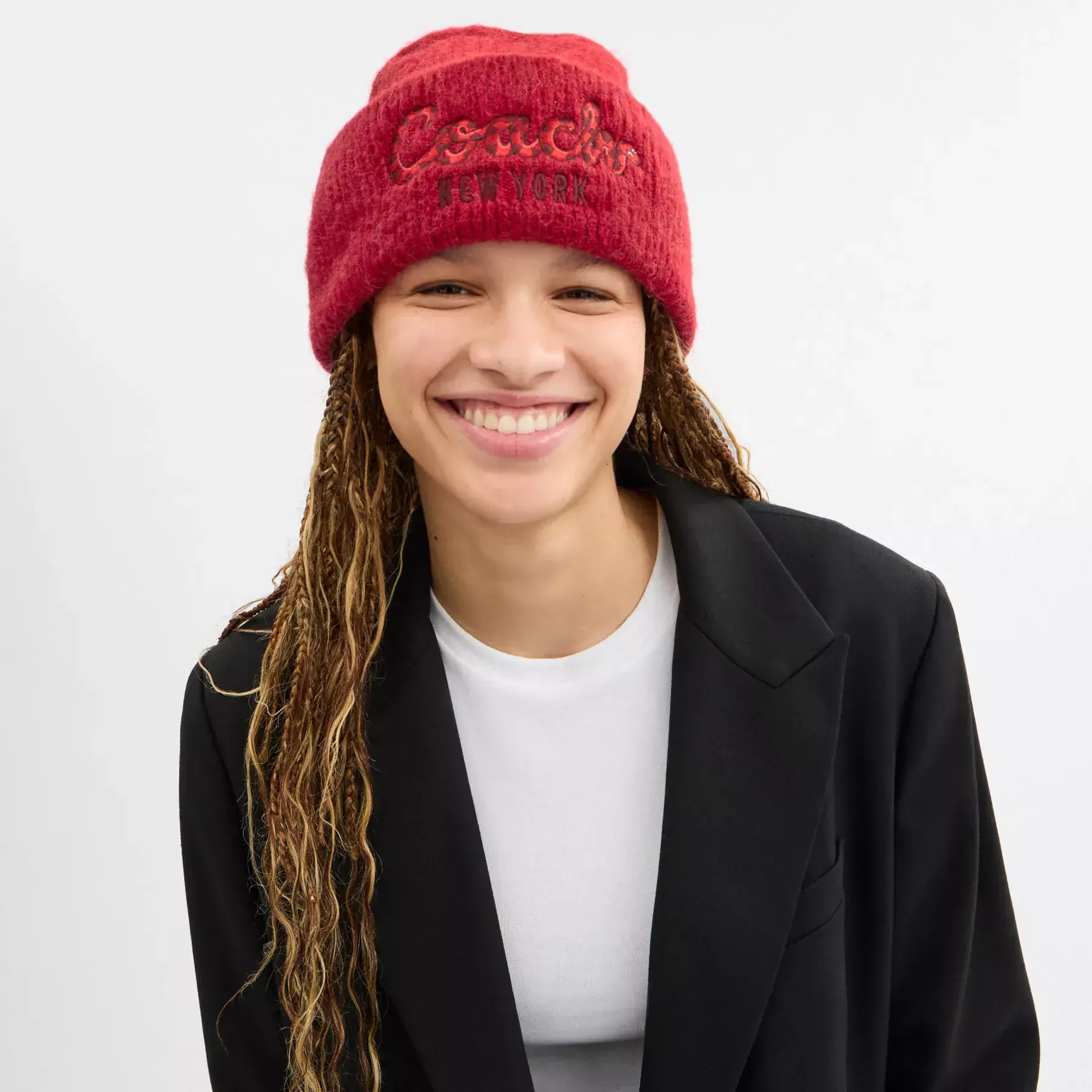 New Year Beanie With Embroidered Coach Snake Script Red New Year Beanie With Embroidered Coach Snake Script Red
