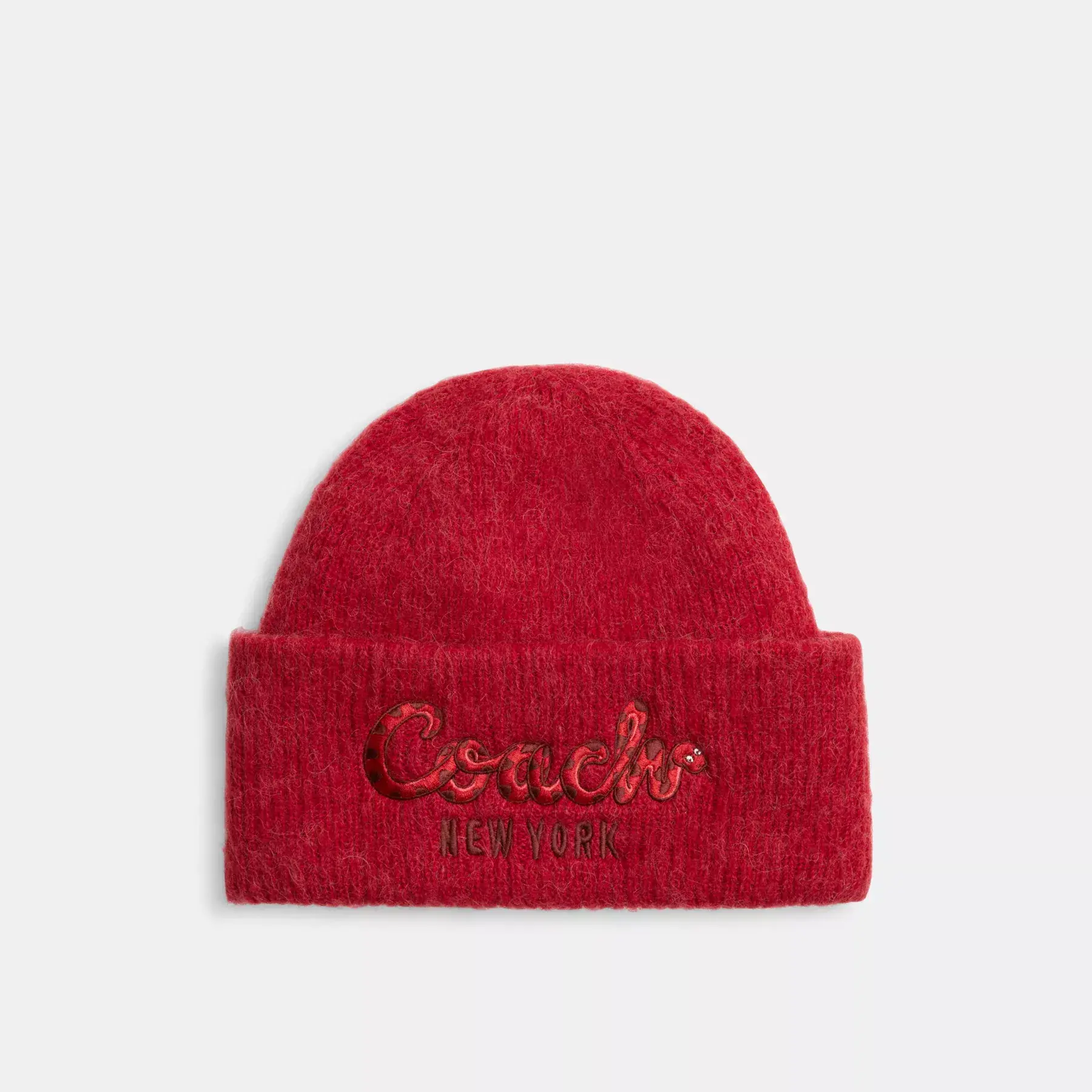 New Year Beanie With Embroidered Coach Snake Script Red New Year Beanie With Embroidered Coach Snake Script Red