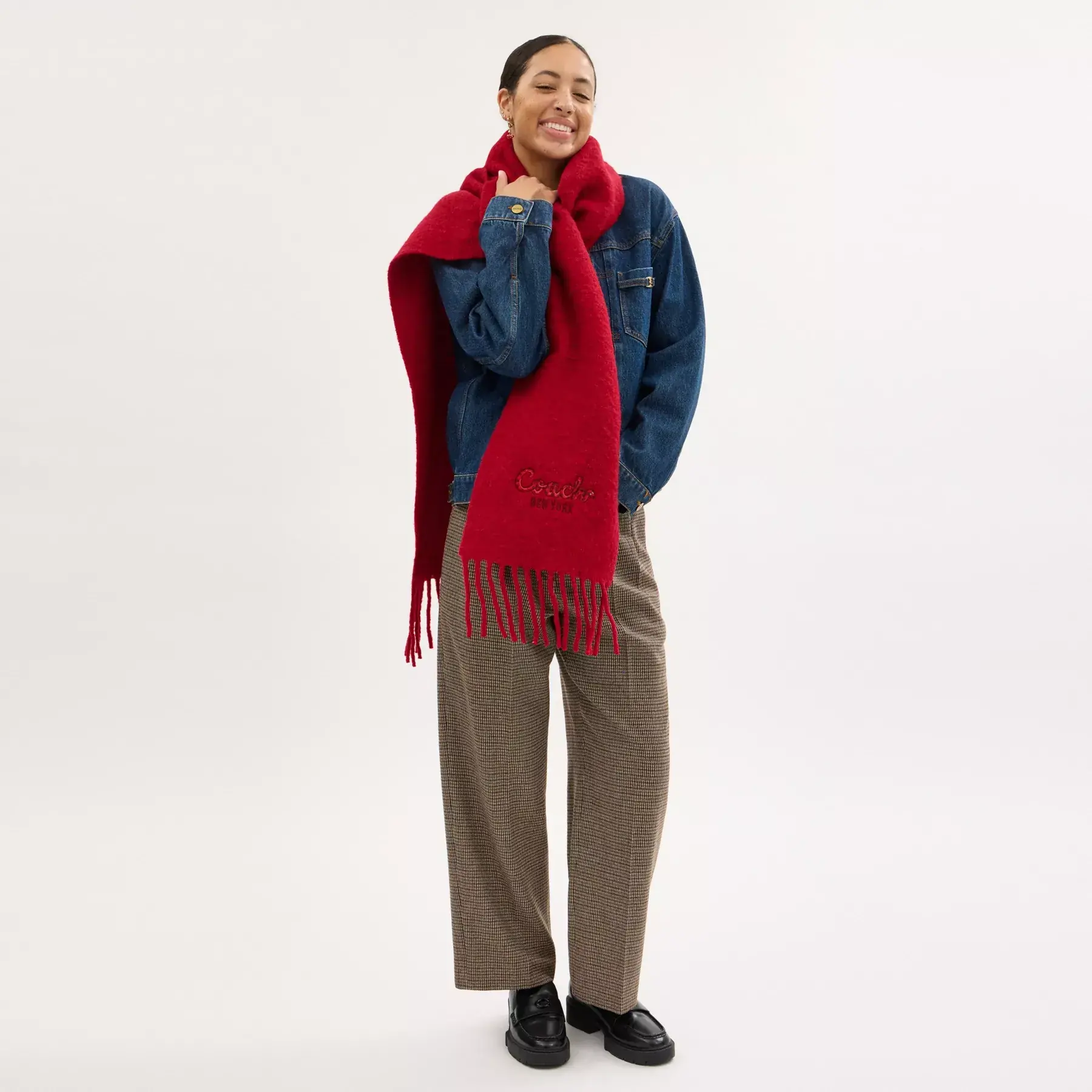 New Year Oversized Muffler With Embroidered Coach Snake Script Red