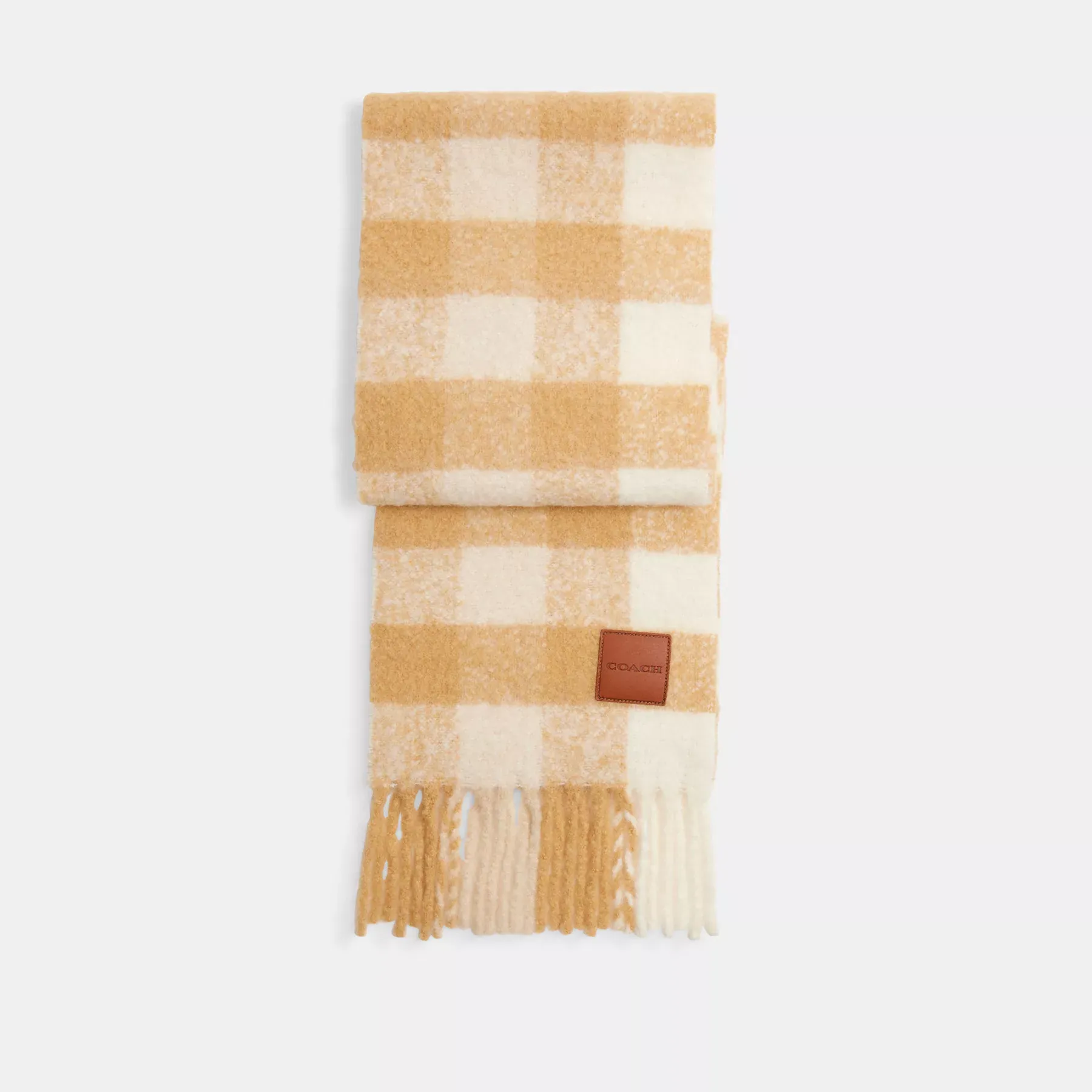 Oversized Plaid Muffler With Leather Patch Chalk