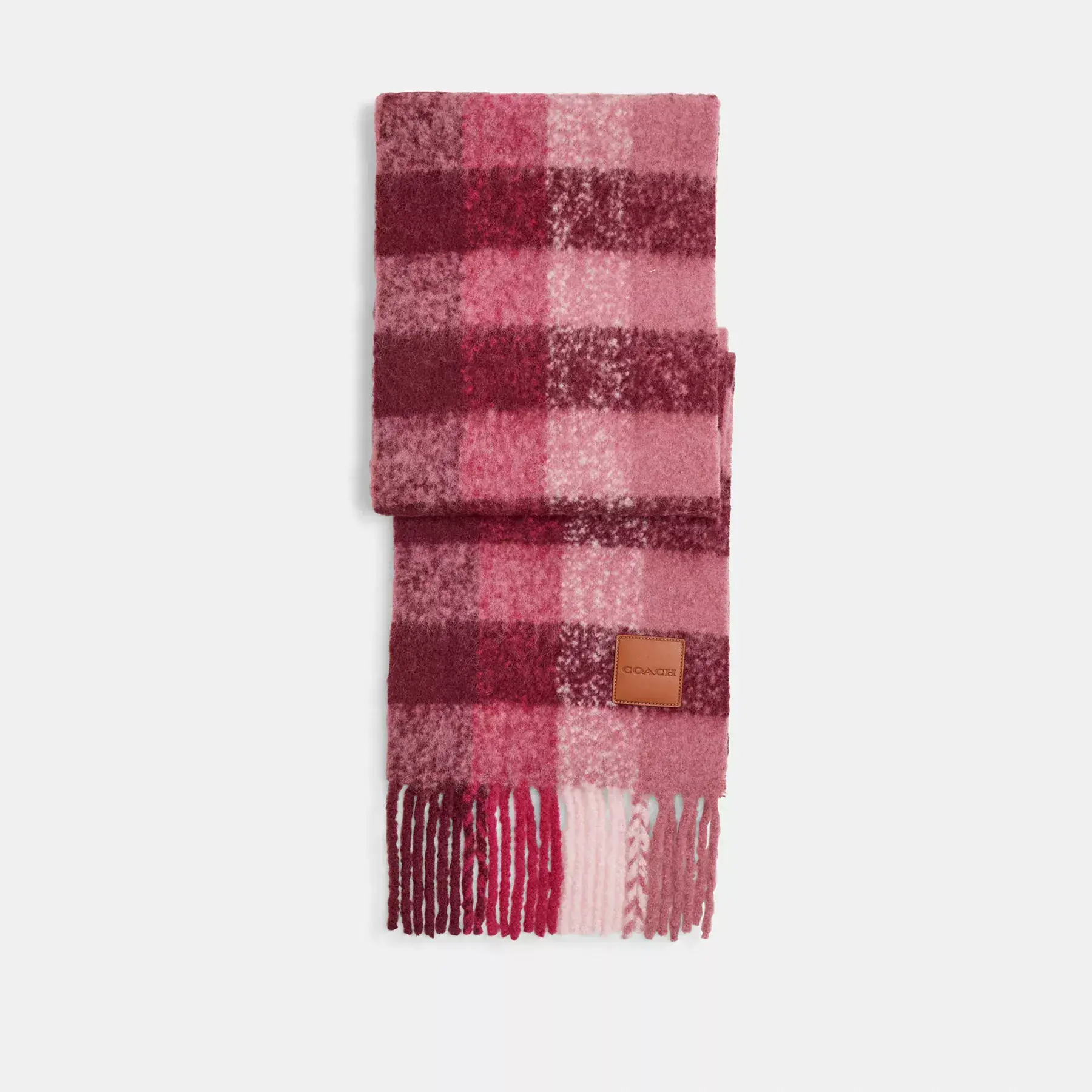 Oversized Plaid Muffler With Leather Patch Merlot