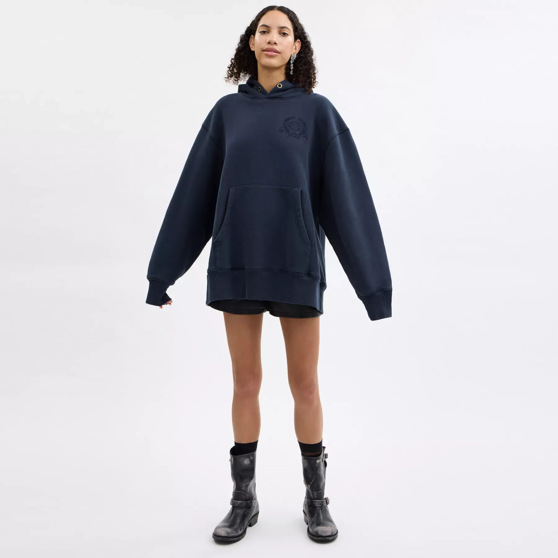 Oversized Signature Crest Hoodie In Organic Cotton Navy Blue Oversized Signature Crest Hoodie In Organic Cotton Navy Blue