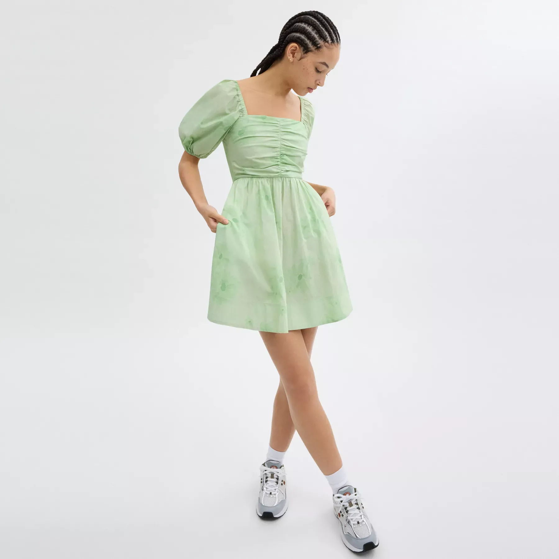 Puff Sleeve Mini Dress Green