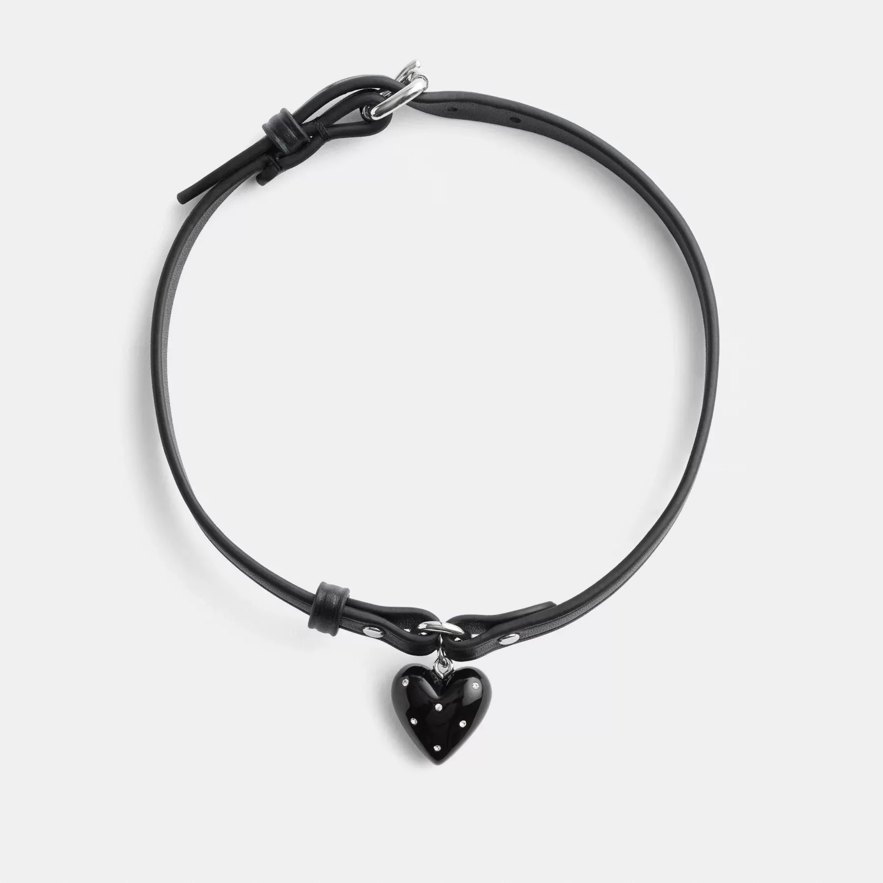 Resin Heart Charm Leather Choker Silver/Black