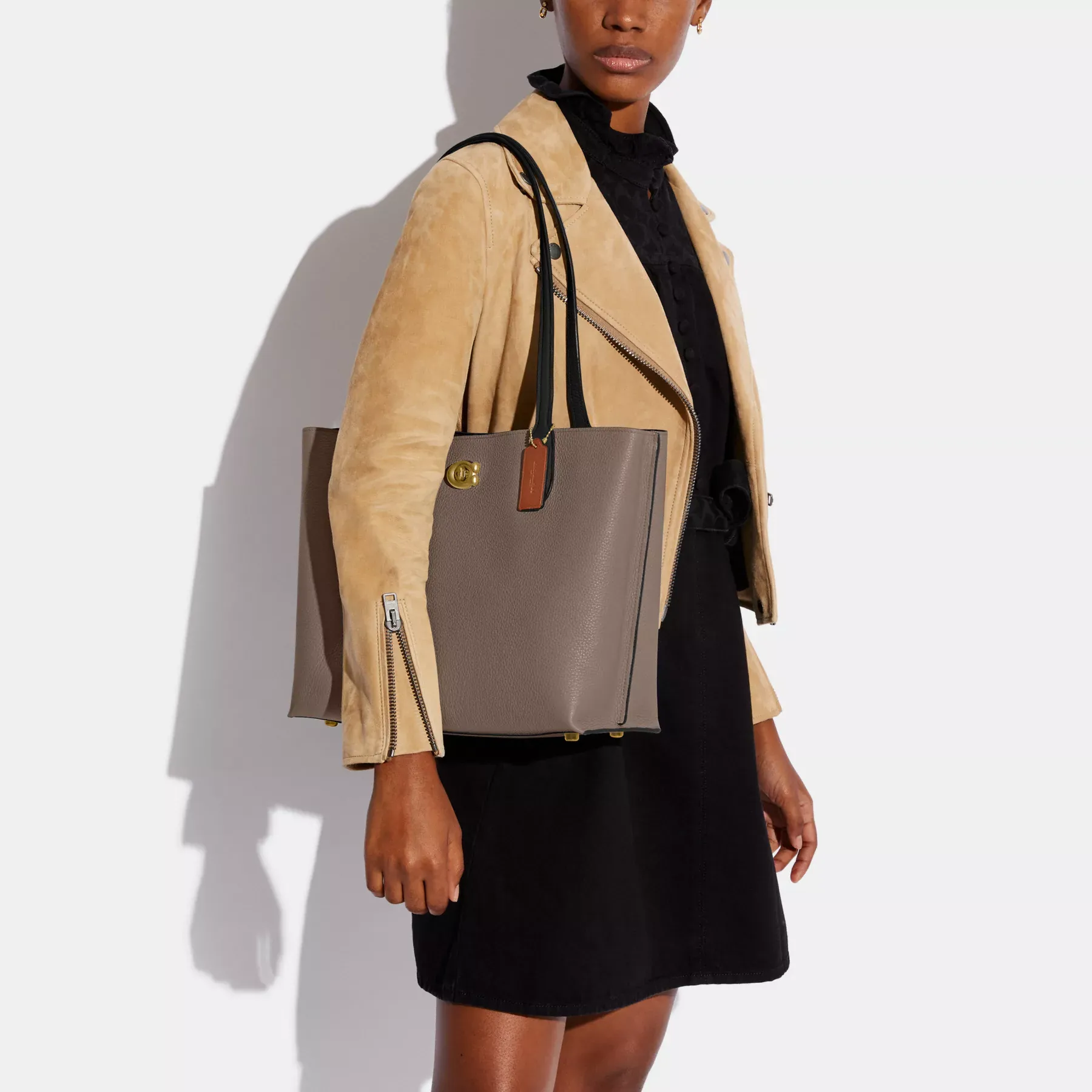Willow Tote In Colorblock With Signature Canvas Interior Dark Stone Willow Tote In Colorblock With Signature Canvas Interior Dark Stone